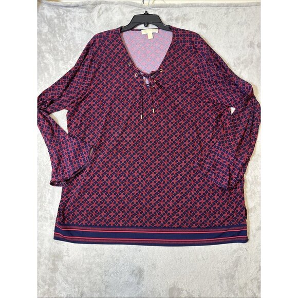 Michael Kors Plus Size 3X Lace Up V-Neck Tunic Blouse Geometric Print - Picture 1 of 11
